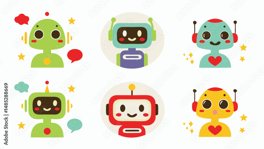 Poster collection of colorful cartoon robots with different designs and expressions on a white background s