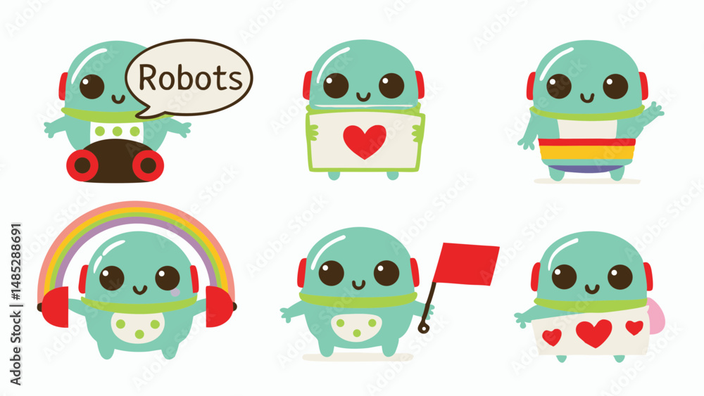 Poster collection of cartoon robots in various poses and with different accessories on a white background