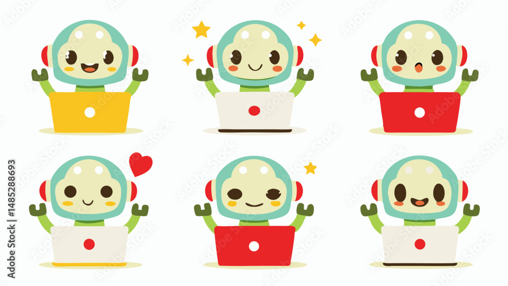 Poster illustrations of cute robots working on laptops with various expressions and decorative elements aro