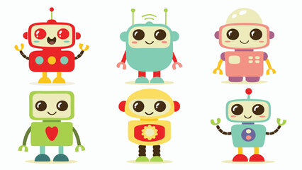 Illustration of six cartoon robots with different colors and shapes on a white background displayed nicely