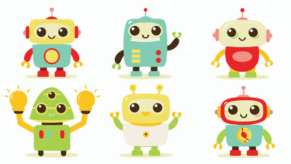 Illustration of six cartoon robots with different shapes colors and designs on a white background image style