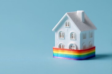 A white model house wrapped in a rainbow ribbon symbolizes LGBTQ+ homeownership and real estate inclusion.