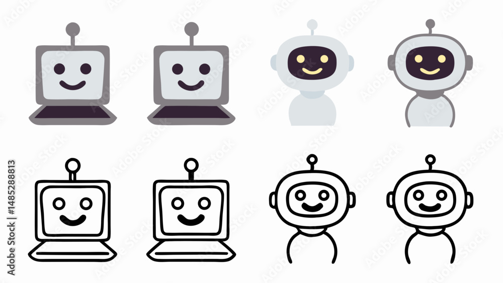 Fototapete Illustration of four robots with different styles and designs, two in color and two in outline style