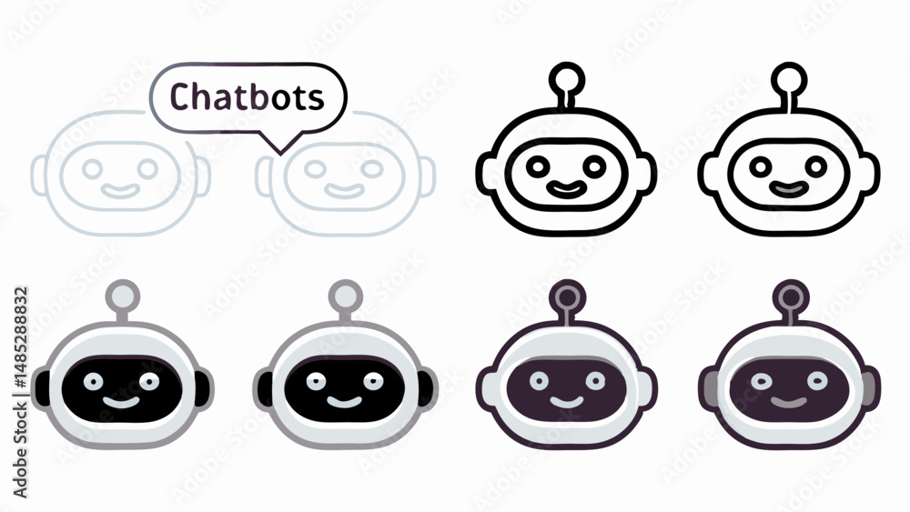 Poster illustration showing chatbots in various styles including outline and solid color with speech bubble