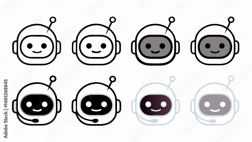 Aufkleber collection of eight robot heads with varying levels of detail and shading on a white background