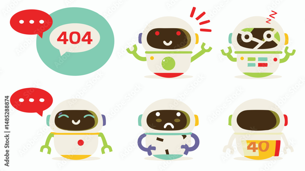 Poster illustration of six cartoon robots with different expressions and error message dialogue bubbles