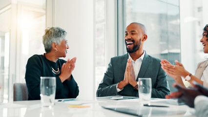 Business people, winner and applause in promotion, announcement or negotiation success at office....