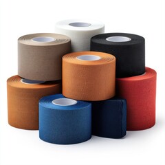 Various rolls of colored adhesive tape stacked together on a white background