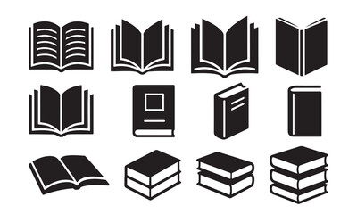 Black and White Book Icons Vector Set – Open and Closed Book Silhouettes for Education and Library Design