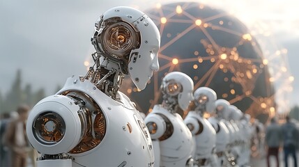 Fototapeta premium A row of androids. The foremost has visible mechanical elements. In the background is a spherical structure made of connections and points.
