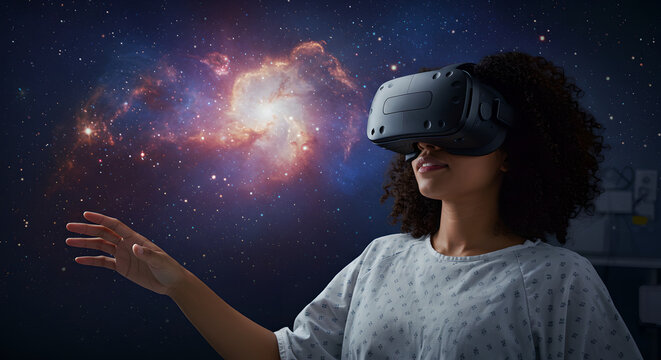 Rehabilitation session, woman uses vr headset. Experience virtual reality therapy, healthcare. Mental health, rest on cosmos background - Powered by Adobe