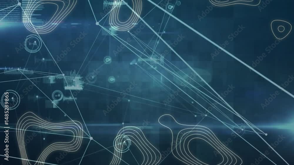 Poster network of circular nodes linking via lines, animating with charts and waveforms in flat design