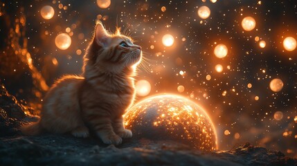 Whimsical Cosmic Cat on Glowing Planet with Nine Moons