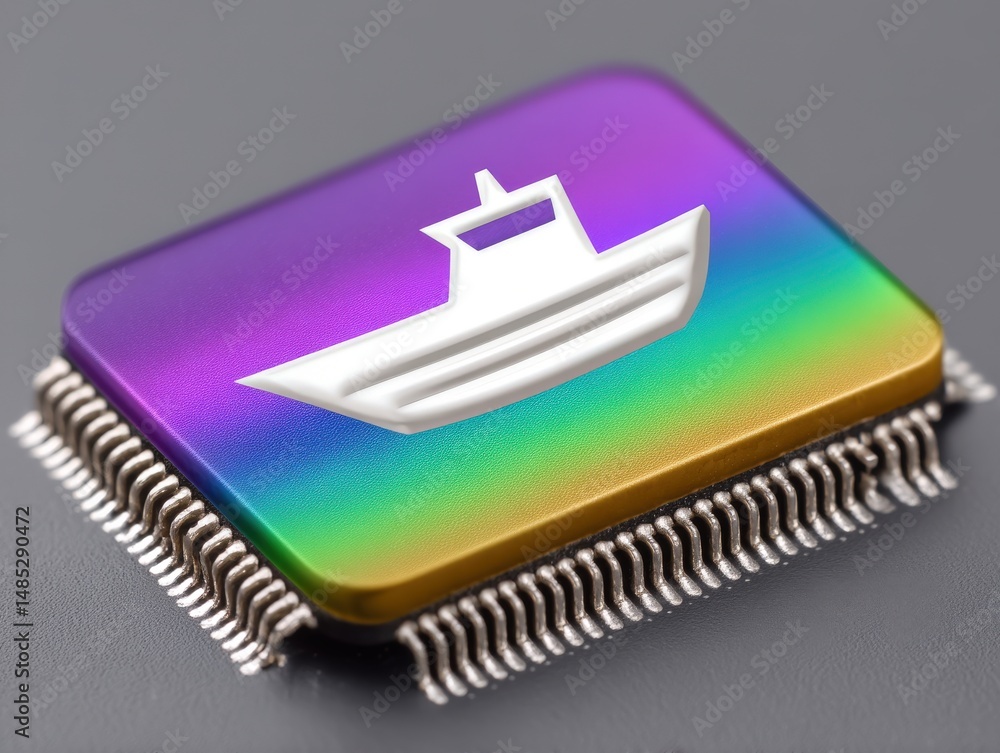 Poster colorful microchip showcasing a decorative boat symbol against a vibrant gradient background represe