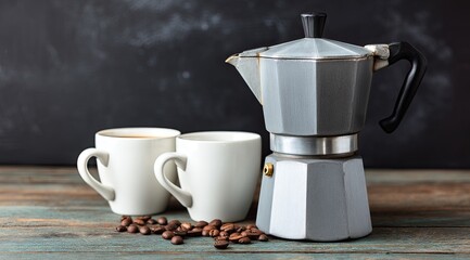 Espresso maker and two cups of coffee on a rustic wooden table