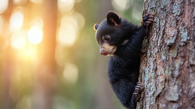 Bear Cub Climbing Tree at Sunset