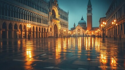 Venetian Piazza at Dusk: Serene, Golden Reflections