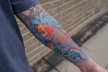 Colorful koi fish tattoo design on a forearm.