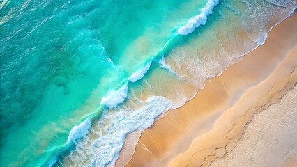 Aerial View of Turquoise Ocean Waves Crashing on Sandy Beach