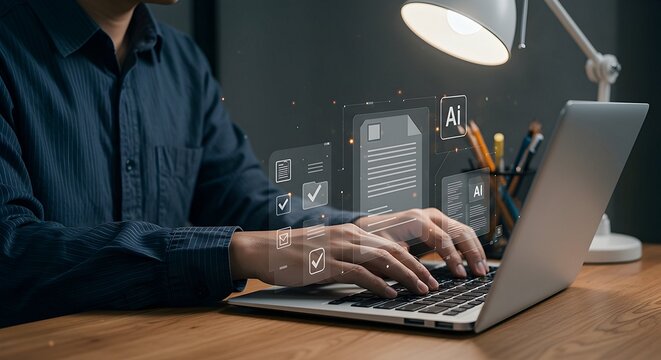 Typing on Laptop with Ai Document Interface at Desk - Powered by Adobe