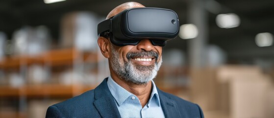 Confident mature man experiencing virtual reality in a modern warehouse setting highlighting innovative technology and immersive digital environments for enhanced engagement and interaction