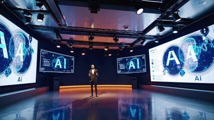 Male speaker presenting AI technology on multiple digital screens. High-tech conference room with futuristic blue holographic displays showing artificial intelligence graphics - Powered by Adobe