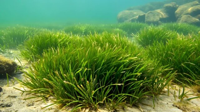 Vibrant Green Seagrass Clumps, Thriving and Serene, Growing on the Seabed representing an Underwater Ecosystem against Sunlit Turquoise Water and Rocks