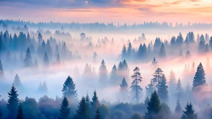 Fototapete Wald im Nebel Misty Sunrise Over a Serene Coniferous Forest  © Suplab_Designer