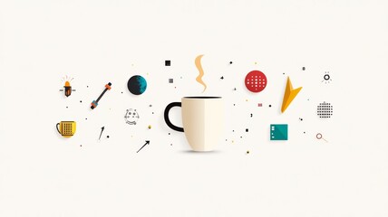 A fun and clever poster with icons like binary code, brackets, pixel art, and a glowing coffee mug