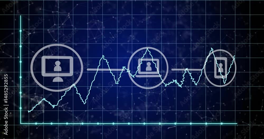Poster light blue line graph climbing and dipping while connecting device icons over dark flat design grid