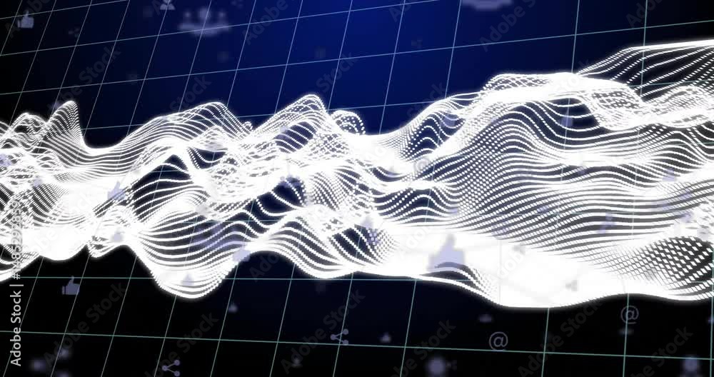 Aufkleber white mesh structure moving across navy grid plane, with floating social media icons in 3d render