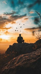 Silhouette of a man sitting on a rock, watching the sunset with birds flying in the sky