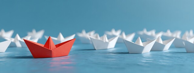 Standout Leadership Concept Red Paper Boat Among White Boats on Blue Water