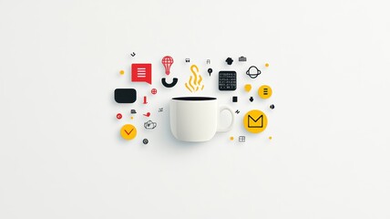A fun and clever poster with icons like binary code, brackets, pixel art, and a glowing coffee mug