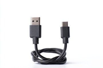 Close-up of a black USB-C cable coiled on a white background.  A versatile charging and data transfer solution.