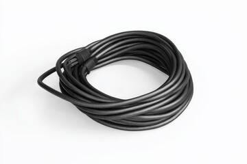 A neatly coiled black cable with connectors, ready for use.  Simple, clean, and professional.