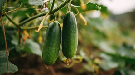 Fresh cucumbers hanging from vine (4)