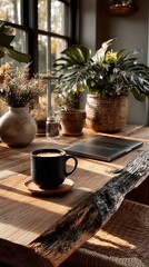 Cozy Remote Work Setup with Laptop and Coffee on Wooden Desk