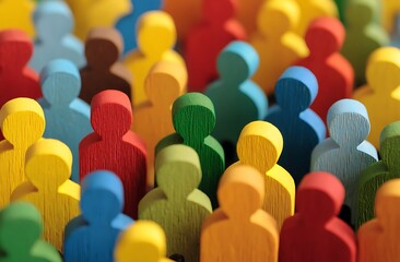 Obraz premium Colorful Wooden People Figures Representing Diversity and Inclusion in a Community