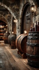 Naklejka premium Vintage Wine Cellar with Wooden Barrels and Bottles
