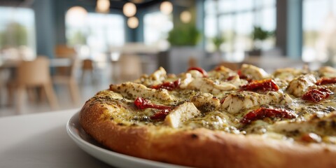Delicious pesto chicken pizza with sun-dried tomatoes in modern restaurant setting