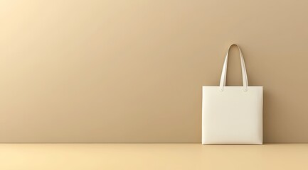 Blank white tote bag against beige wall