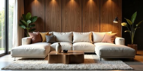 Modern Sectional Sofa in a Warm and Inviting Living Room with Wooden Wall Paneling and Lush Greenery