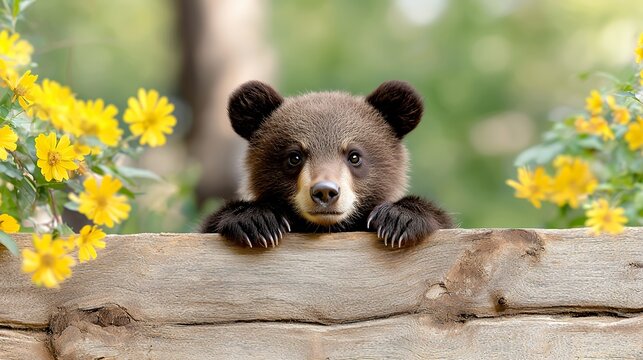 Bear Cub Peeking Over Wooden Fence