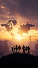 Fototapeta premium Global business team looking at a world map during sunrise