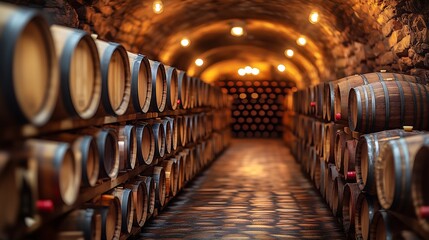 Vintage Wine Cellar with Wooden Barrels and Bottles