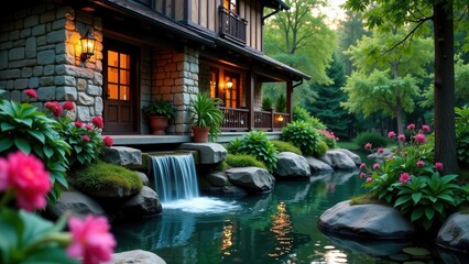 Serene Evening at a Stone House with Cascading Waterfall and Lush Gardens