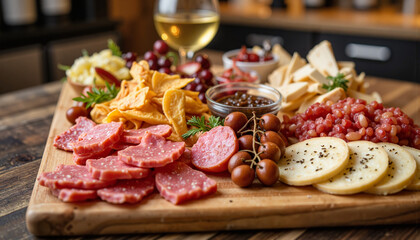 Gourmet charcuterie board with wine and fruits, culinary delight