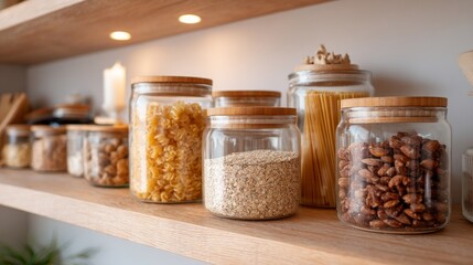 Assorted Dried Food Items Displayed In Glass Jars On A Wooden Shelf With Soft Lighting And Shadow
