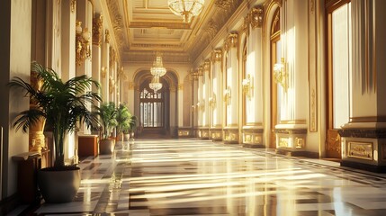 Fototapeta premium Grand Palace Hallway: Sunlit Elegance in Gilded Baroque Style
